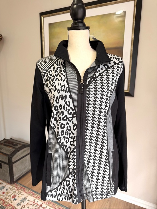 Onque Casuals Jackets & Blazers - ONQUE Casuals Mixed Print Zip Jacket Leopard Houndstooth Black White